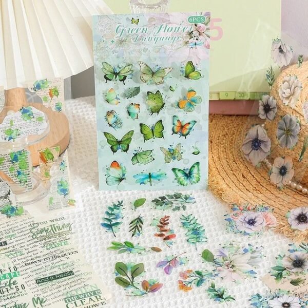 Flower Butterfly Green Leaf Series PET Stickers - FEATHER SHOP